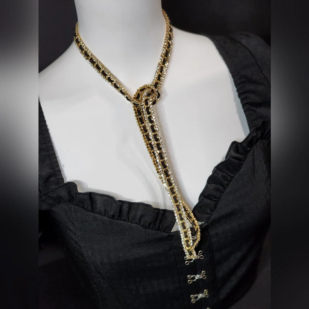 Long Gold, Black, Clear Rhinestoned Tie Necklace